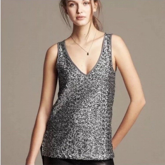 Banana Republic Tops - Banana Republic Women's M Silver Gray Sequin Sleeveless Dressy Lined V-Neck Top